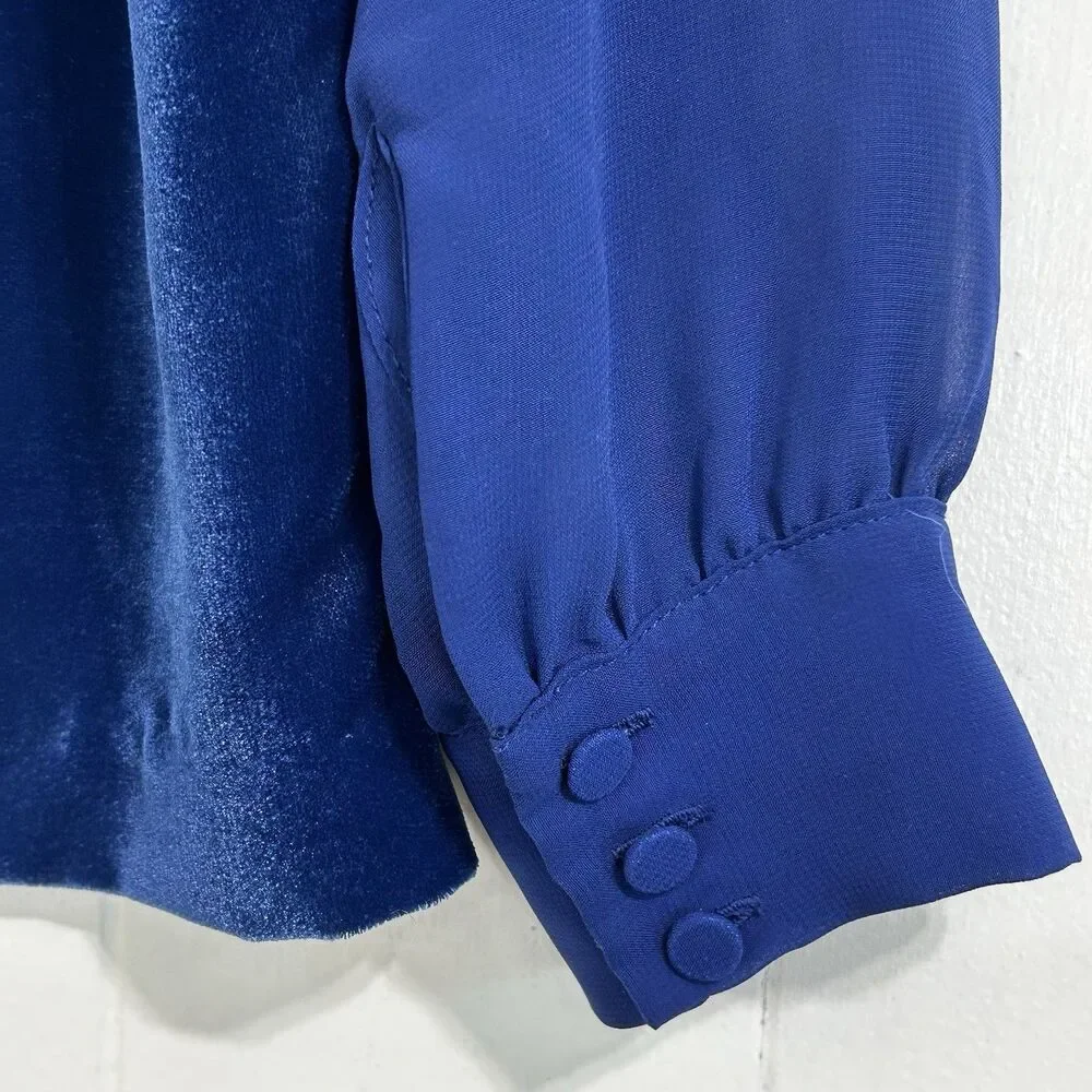 J.Crew Velvet Puff-Sleeve Top Size XXS Blue Round Necklace Pullover Blouse Top